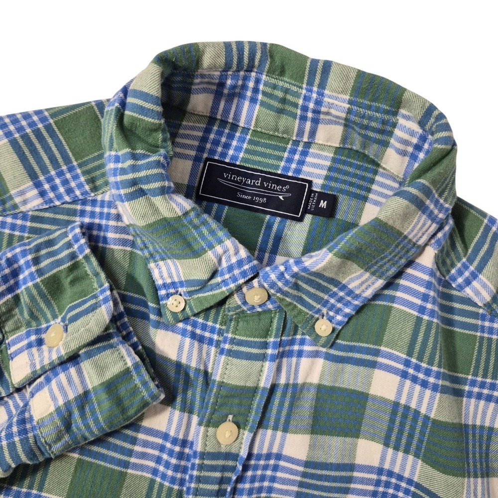 Vineyard Vines Island Twill Shirt Mens Medium Green Blue‎ Plaid Cotton Linen